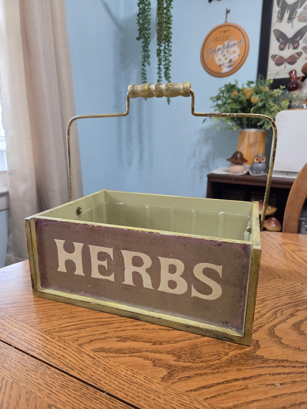 Vintage Wooden Herbs Garden Planter Box Wire Handle Rustic Farmhouse Decor